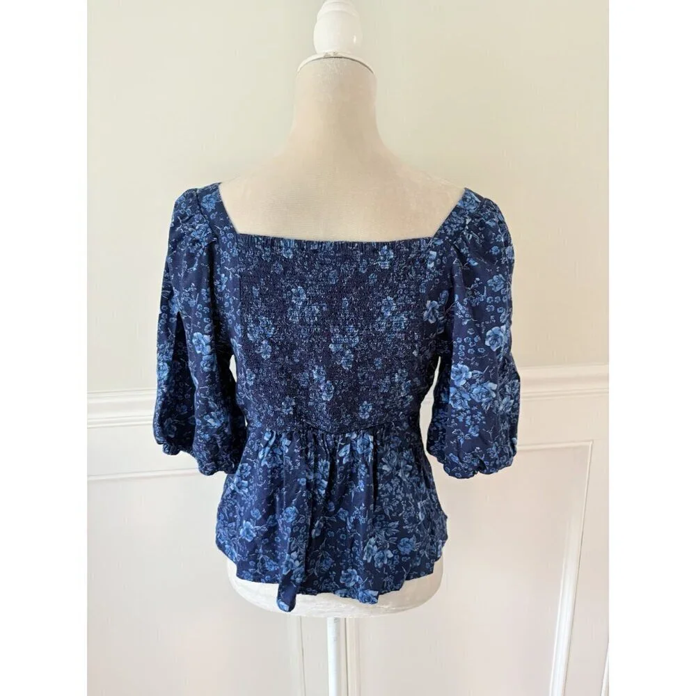 Old Navy Blue Floral Puff Sleeve Blouse Stretch S